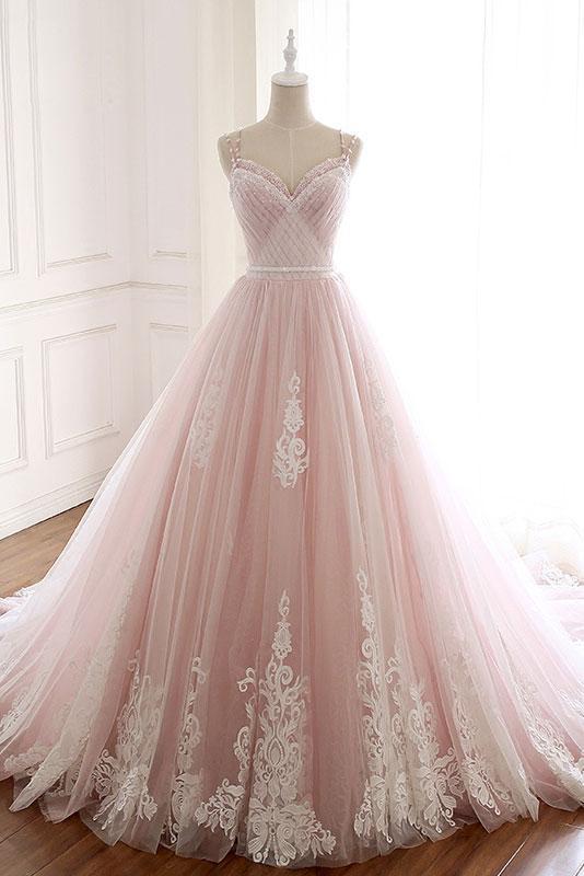 Luolandi Unique A Line Pink Sweetheart Tulle Spaghetti Straps Long Lace Prom Dresses Beautiful